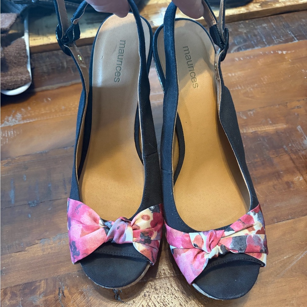 Maurices Black Wedges with Floral Pink Accents